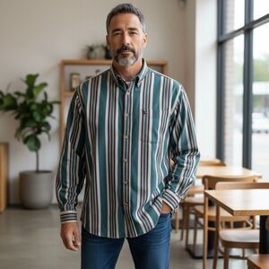 VTG Loafers Reed & James Striped Button Up Shirt Blue Green Red Long Sleeve XL